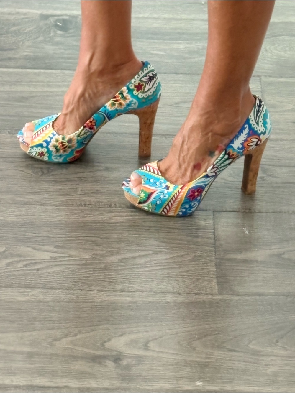 Nine West Turquoise Floral Peep-Toe Cork Platform Heels